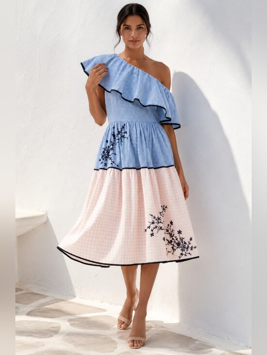 HEMANT & NANDITA Dresses & Skirts - Hemant & Nandita Melantha One Shoulder Embroidered Gingham Midi Dress S